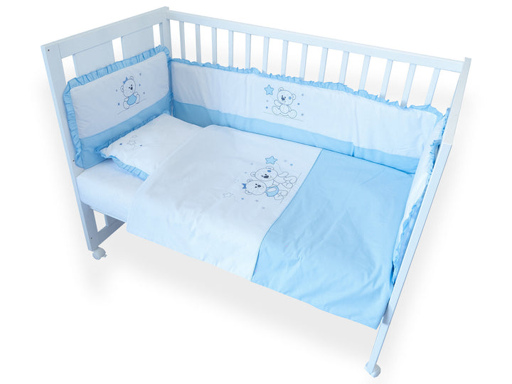 Set de lenjerie pentru pătuț Rainy, 5 piese, cu protecție laterală, 70x140 cm, „Visuri sub stele”, albastru