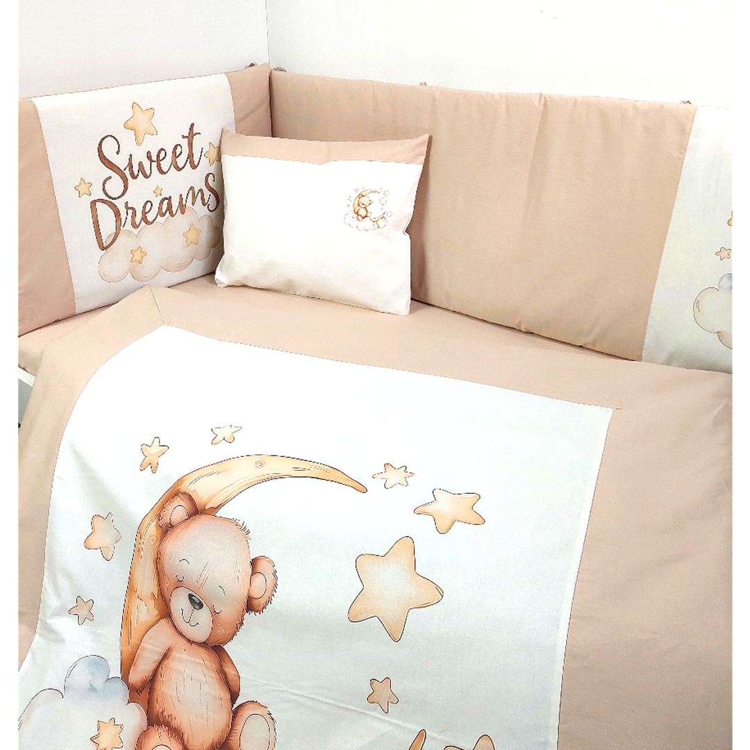Rainy Set de lenjerie de pat pentru bebeluși 6 piese 60x120 cm. Ursuleț lunar migdală