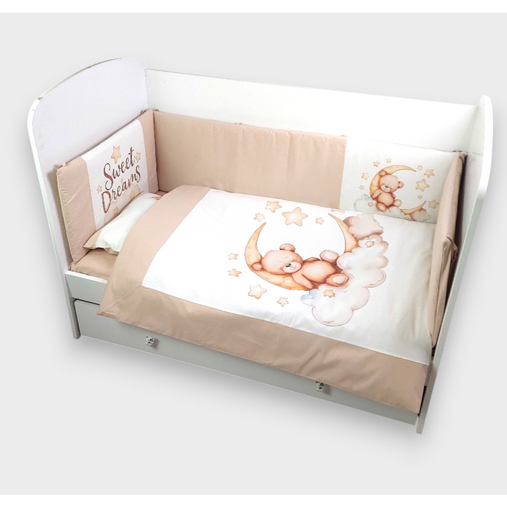 Rainy Set de lenjerie de pat pentru bebeluși 6 piese 60x120 cm. Ursuleț lunar migdală