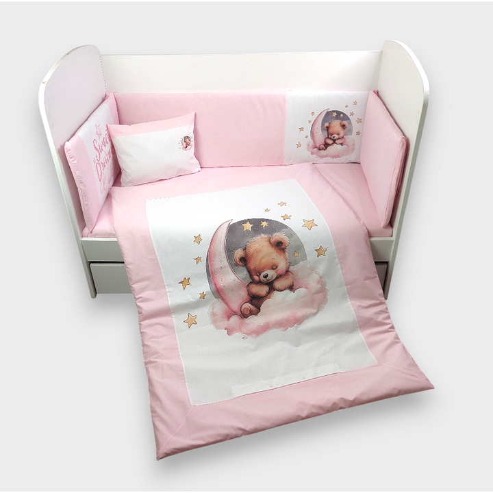 Rainy Set de lenjerie de pat pentru bebeluși 6 piese 60x120 cm. Ursuleț lunar roz