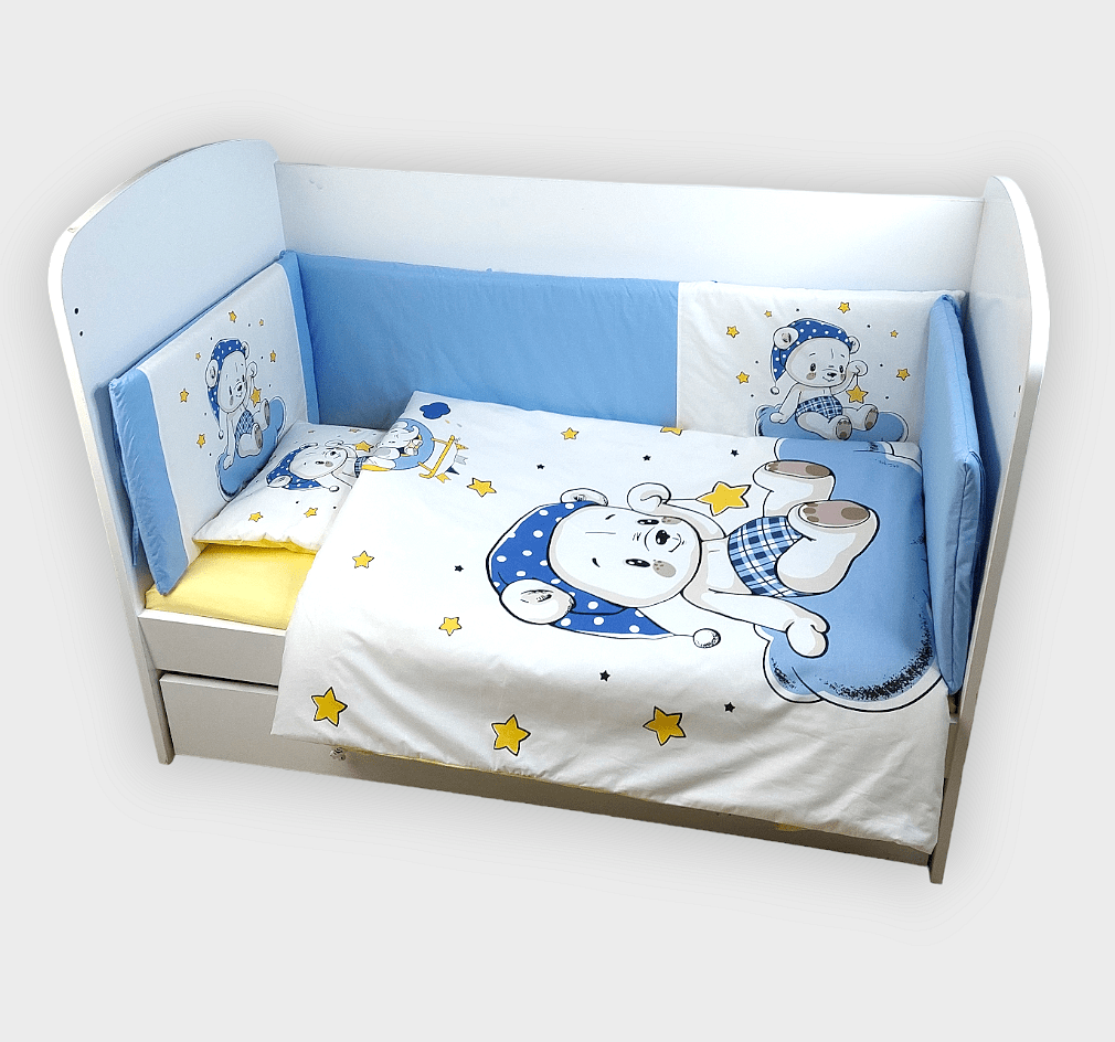 Set de lenjerie pentru pătuț Rainy, 6 piese, 60x120 cm, ursuleț albastru