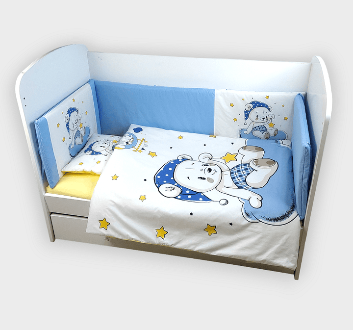Set de lenjerie pentru pătuț Rainy, 6 piese, 60x120 cm, ursuleț albastru