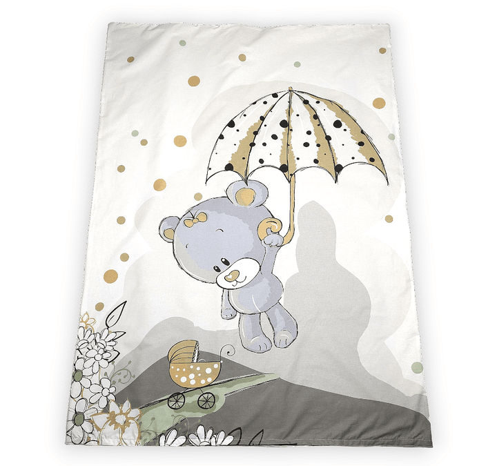 Rainy Set de lenjerie de pat pentru bebeluși 6 piese 60x120 cm. Ursuleț gri cu umbrelă