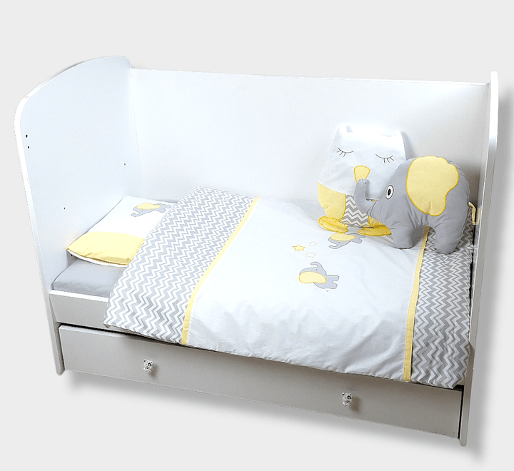Set de lenjerie pentru pătuț Rainy, 6 piese, 60x120 cm, cu elefant și bufniță