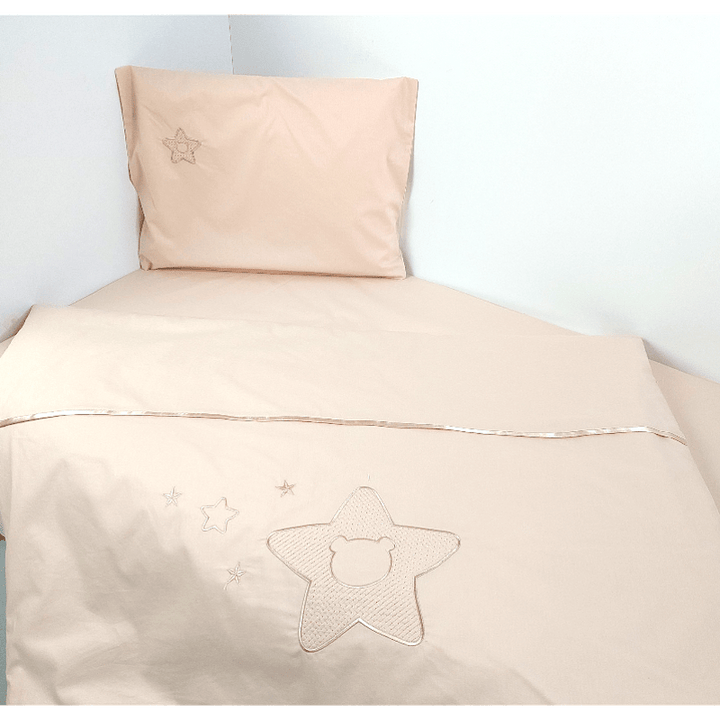 Rainy Set de lenjerie de pat pentru bebeluși 6 piese 60x120 cm. Steluță cu ursuleț bej