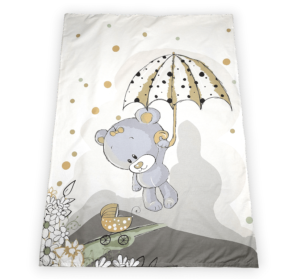 Set de lenjerie pentru pătuț Rainy, 6 piese, 65x110 cm. Ursuleț gri cu umbrelă