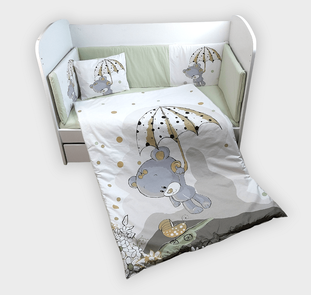 Set de lenjerie pentru pătuț Rainy, 6 piese, 65x110 cm. Ursuleț gri cu umbrelă