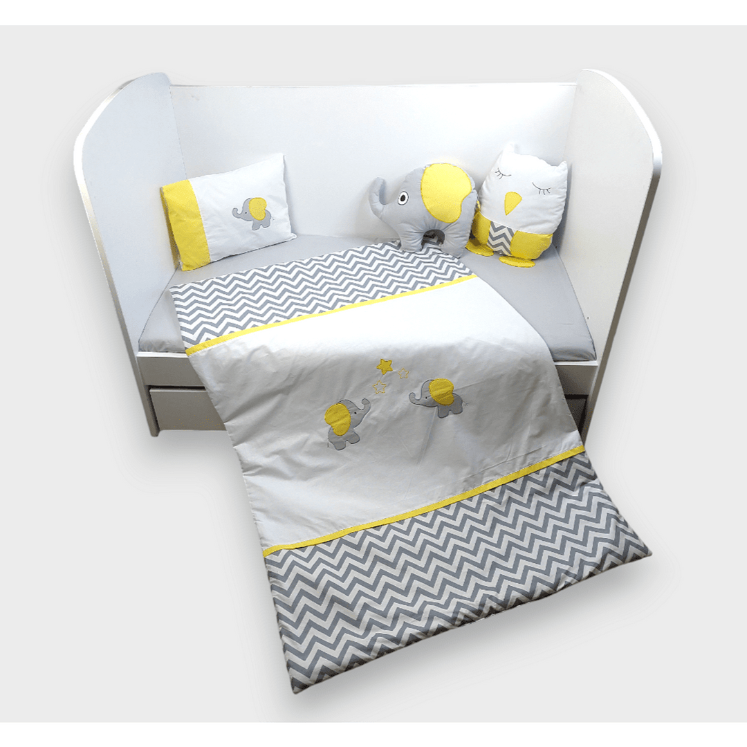 Rainy Set de lenjerie de pat pentru bebeluși 6 piese 70x140 cm. Elefănțel și Bufniță