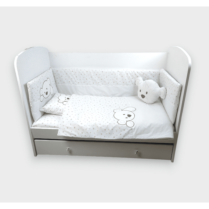 Set de lenjerie pentru pătuț Rainy, 6 piese, cu păturică de 60x120 cm, cu ursuleț