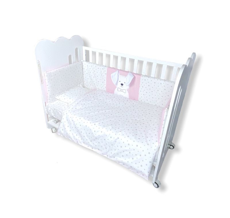 Set de lenjerie pentru pătuț Rainy, 6 piese, cu protecție laterală pentru pătuț de 60x120 cm. Iepuraș roz