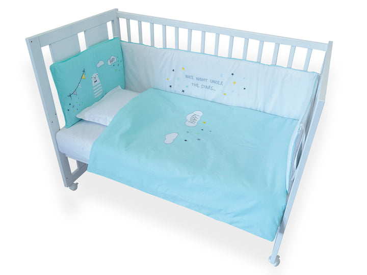 Rainy Set de lenjerie pentru pătuț, 6 piese, cu protecție de 65 x 110 cm, Happy