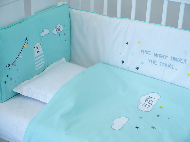 Rainy Set de lenjerie pentru pătuț, 6 piese, cu protecție de 65 x 110 cm, Happy