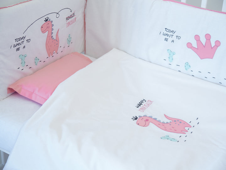 Set de lenjerie pentru pătuț Rainy, 6 piese, cu protecție laterală pentru pătuț de 70x140 cm, cu dinozaur