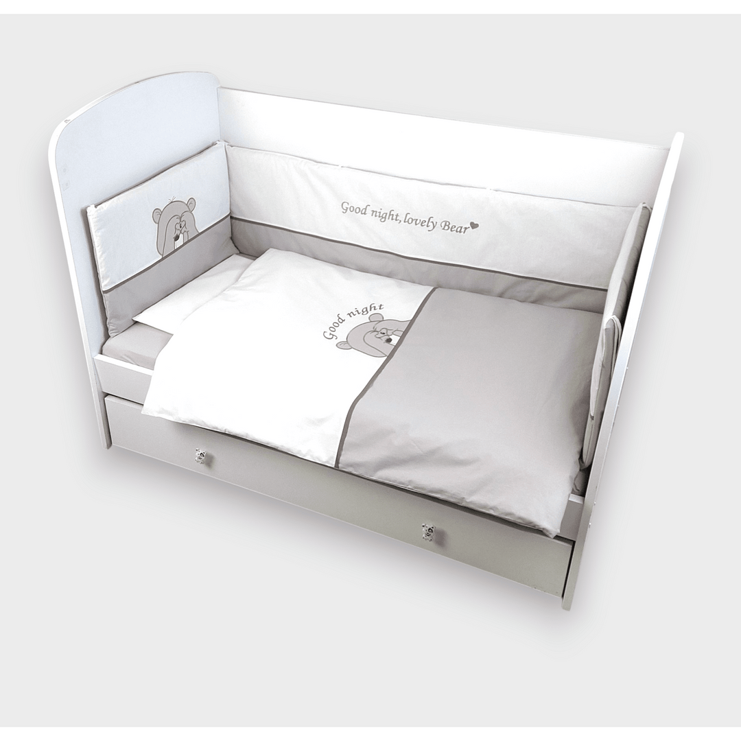 Set de lenjerie pentru pătuț Rainy, 6 piese, cu protecție laterală pentru pătuț de 70x140 cm, Love Bear
