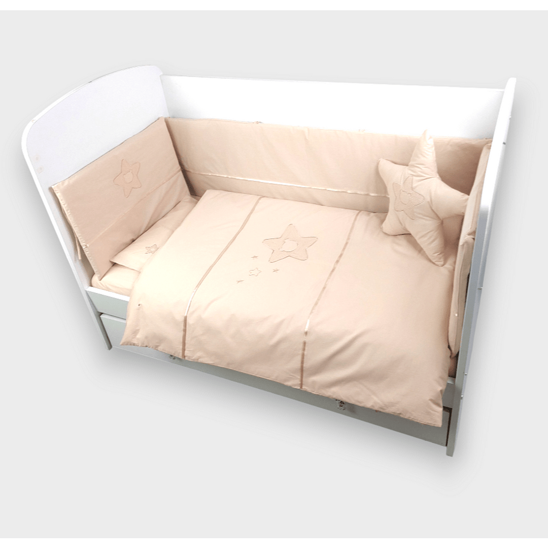Set de lenjerie pentru pătuț Rainy, 7 piese, cu apărătoare laterală pentru pătuț de 60 x 120 cm. Stea cu ursuleț, bej