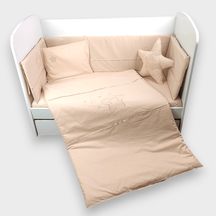 Set de lenjerie pentru pătuț Rainy, 7 piese, cu apărătoare laterală pentru pătuț de 60 x 120 cm. Stea cu ursuleț, bej