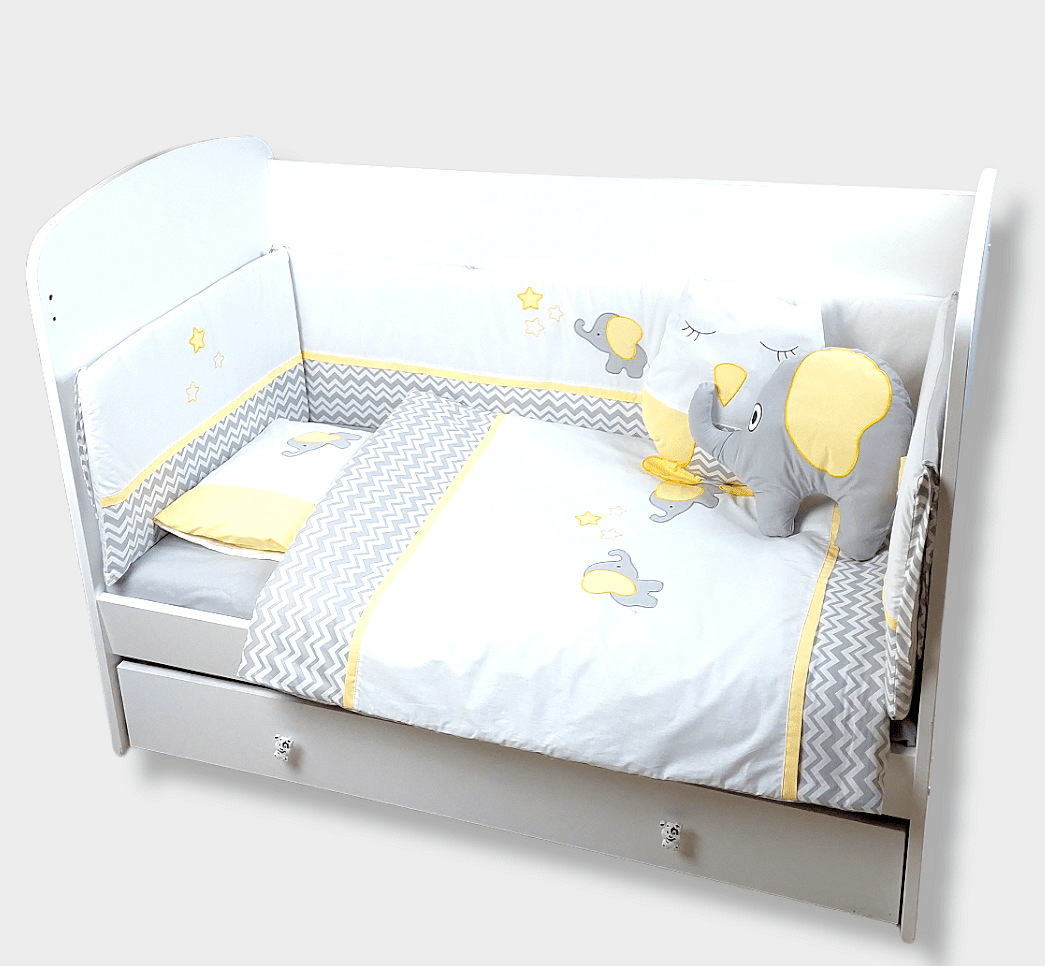 Set de lenjerie pentru pătuț Rainy, 7 piese, cu protecție laterală 65x110 cm, cu elefant și bufniță