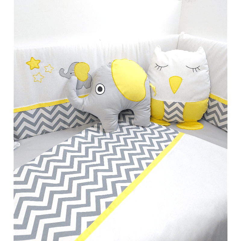 Set de lenjerie pentru pătuț Rainy, 7 piese, cu protecție laterală 65x110 cm, cu elefant și bufniță