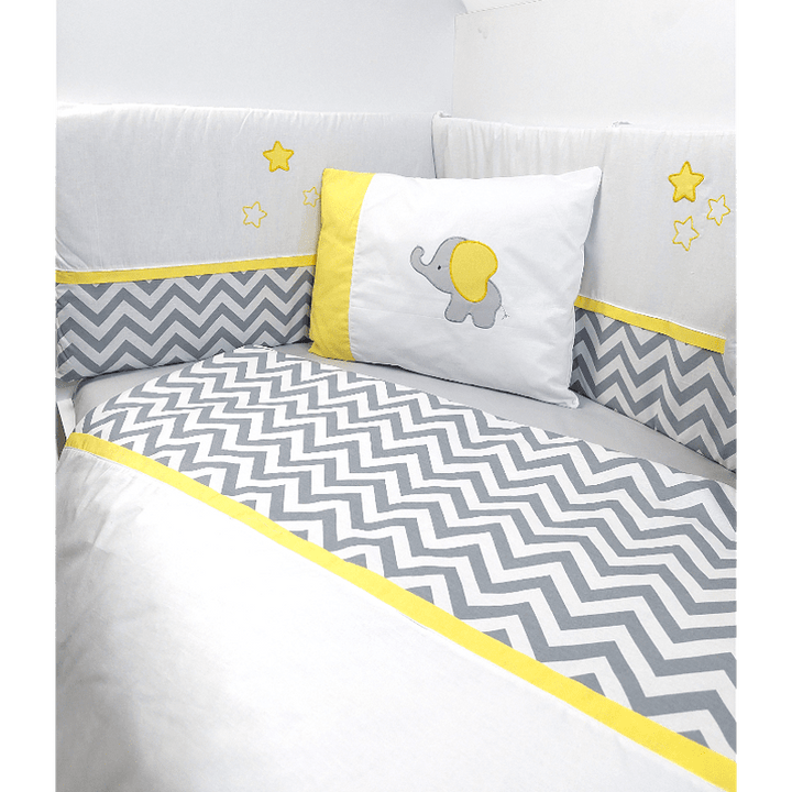Set de lenjerie pentru pătuț Rainy, 7 piese, cu protecție laterală 65x110 cm, cu elefant și bufniță