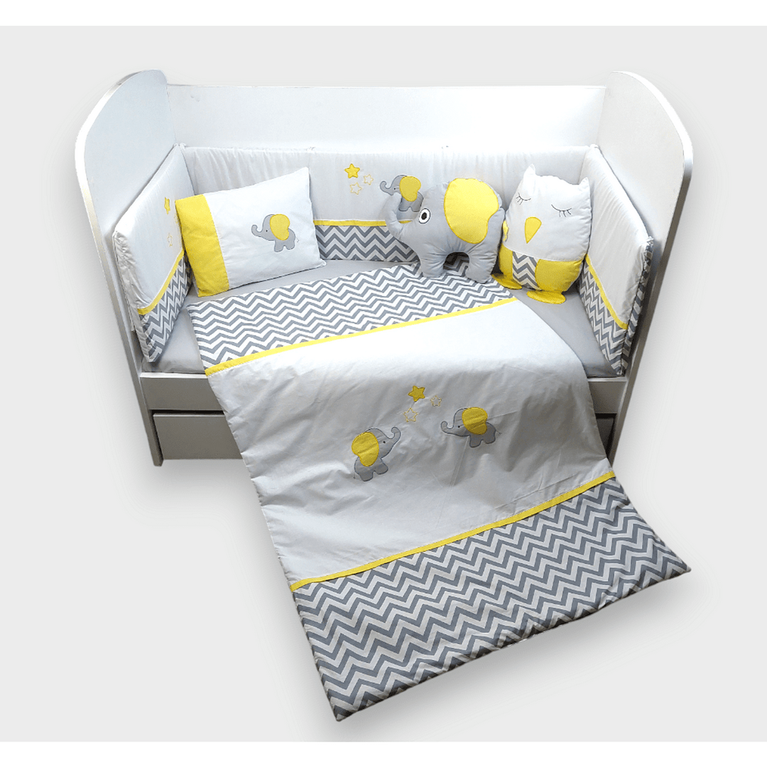 Set de lenjerie pentru pătuț Rainy, 7 piese, cu protecție laterală 65x110 cm, cu elefant și bufniță