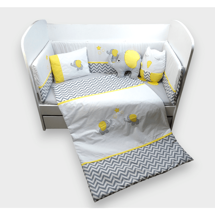 Set de lenjerie pentru pătuț Rainy, 7 piese, cu protecție laterală 65x110 cm, cu elefant și bufniță