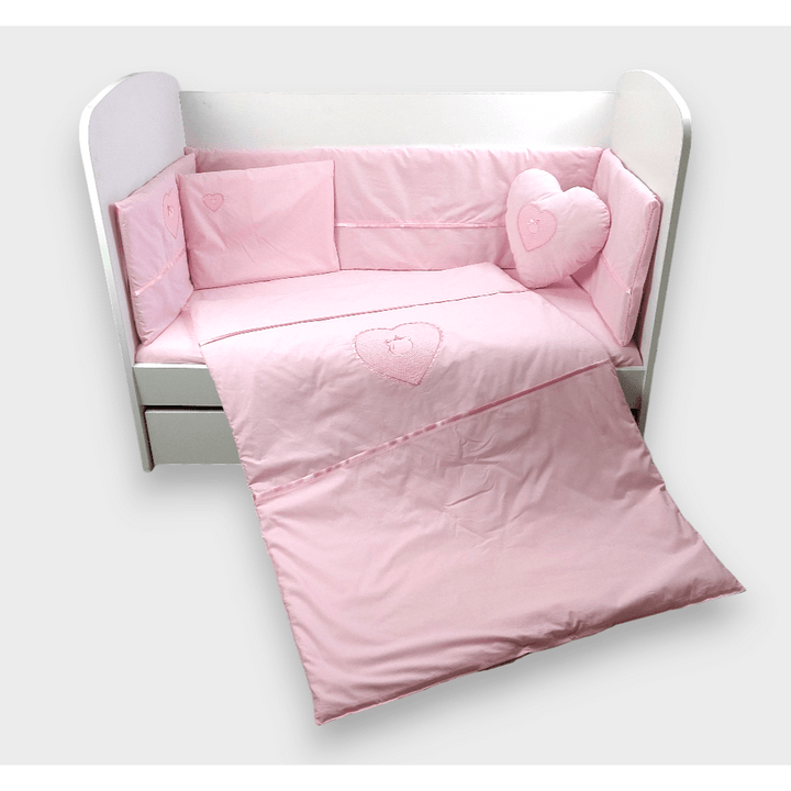 Set de lenjerie pentru pătuț Rainy, 7 piese, cu protecție laterală, 70x140 cm, cu inimioară și ursuleț