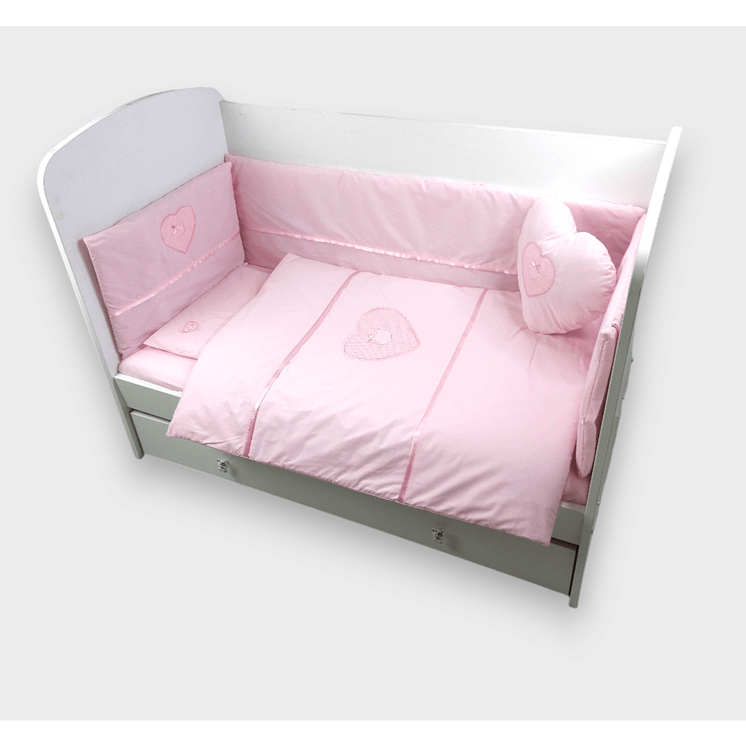 Set de lenjerie pentru pătuț Rainy, 7 piese, cu protecție laterală, 70x140 cm, cu inimioară și ursuleț