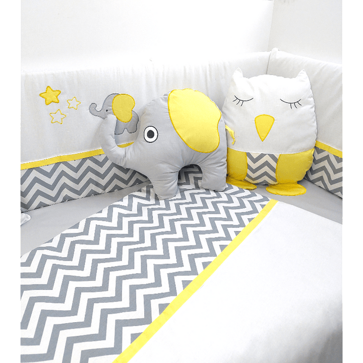 Set de lenjerie pentru pătuț Rainy, 7 piese, cu protecție laterală 70x140 cm, cu elefant și bufniță