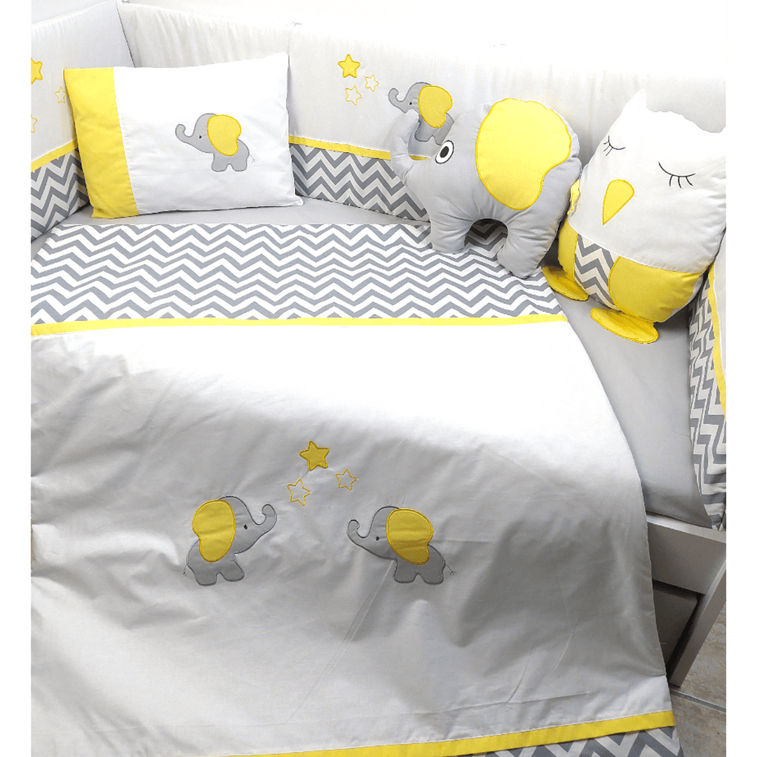 Set de lenjerie pentru pătuț Rainy, 7 piese, cu protecție laterală 70x140 cm, cu elefant și bufniță