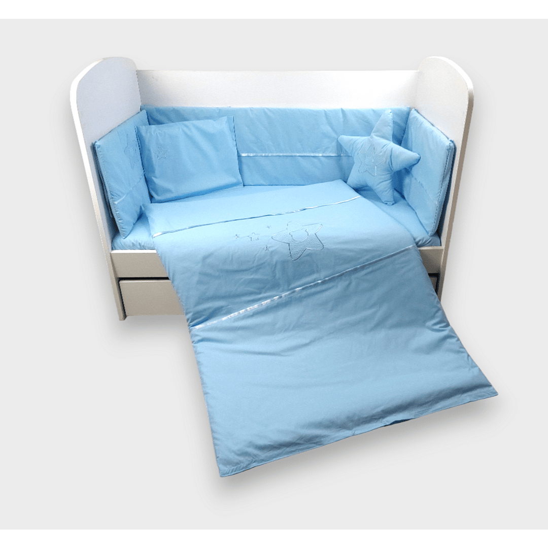 Set de lenjerie pentru pătuț Rainy, 7 piese, cu protecție laterală 70x140 cm, cu stea și ursuleț
