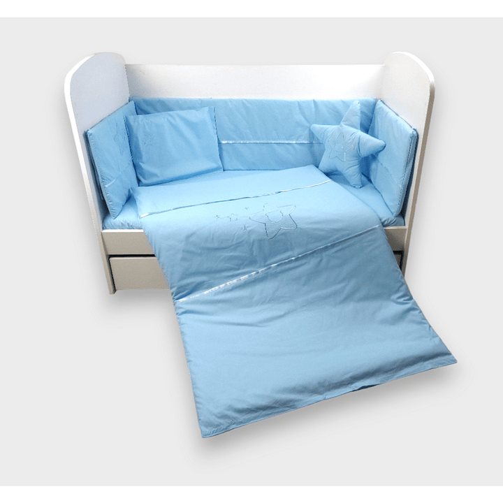 Set de lenjerie pentru pătuț Rainy, 7 piese, cu protecție laterală 70x140 cm, cu stea și ursuleț