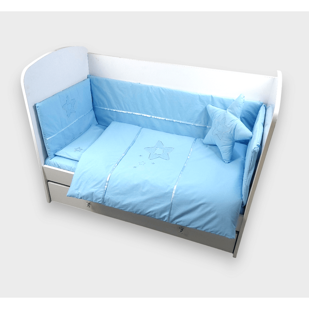 Set de lenjerie pentru pătuț Rainy, 7 piese, cu protecție laterală 70x140 cm, cu stea și ursuleț