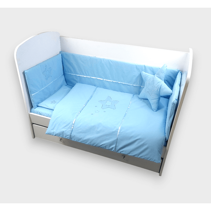 Set de lenjerie pentru pătuț Rainy, 7 piese, cu protecție laterală 70x140 cm, cu stea și ursuleț