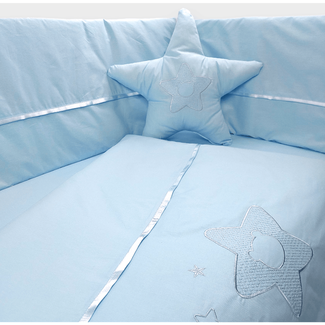 Set de lenjerie pentru pătuț Rainy, 7 piese, cu protecție laterală 70x140 cm, cu stea și ursuleț