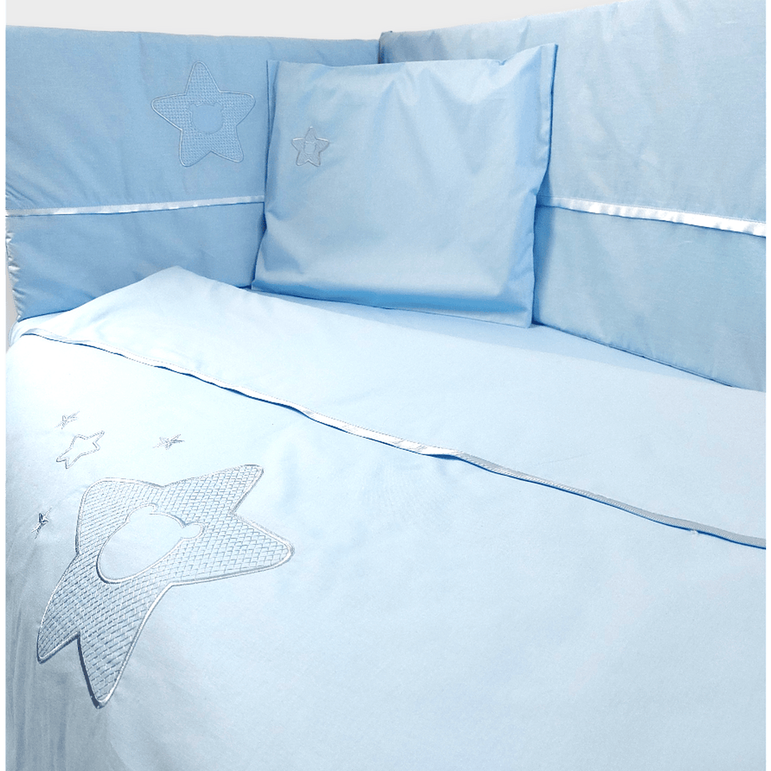Set de lenjerie pentru pătuț Rainy, 7 piese, cu protecție laterală 70x140 cm, cu stea și ursuleț