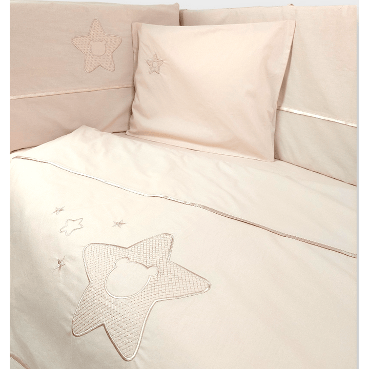 Set de lenjerie pentru pătuț Rainy, 7 piese, cu protecție laterală, 70x140 cm, cu stea și ursuleț, bej