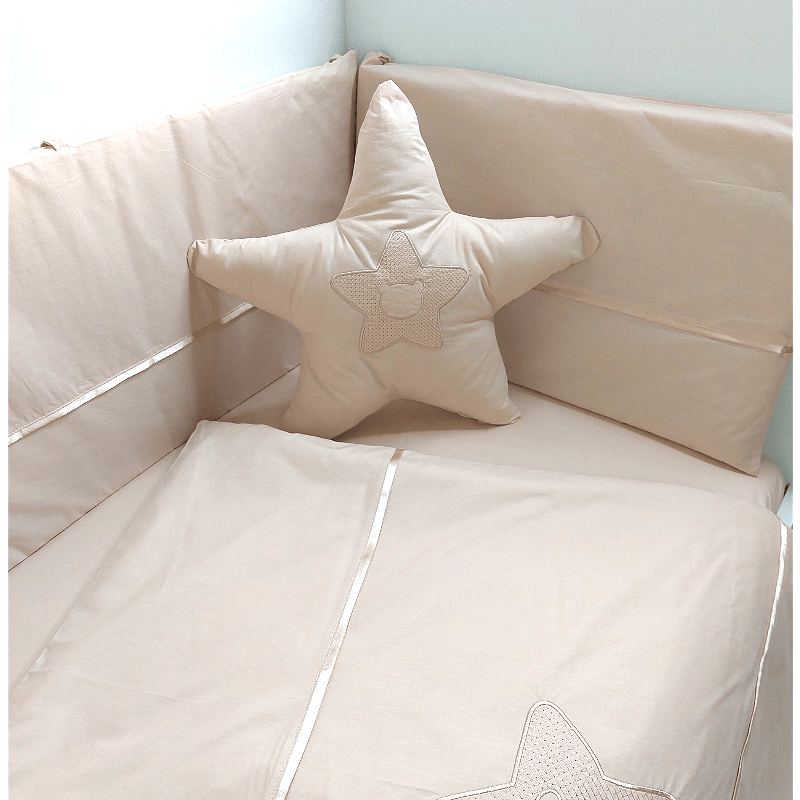 Set de lenjerie pentru pătuț Rainy, 7 piese, cu protecție laterală, 70x140 cm, cu stea și ursuleț, bej