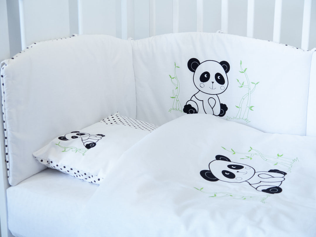 Rainy Set de lenjerie de pat pentru bebeluși, 8 piese, cu protecție laterală, 60x120 cm. Panda