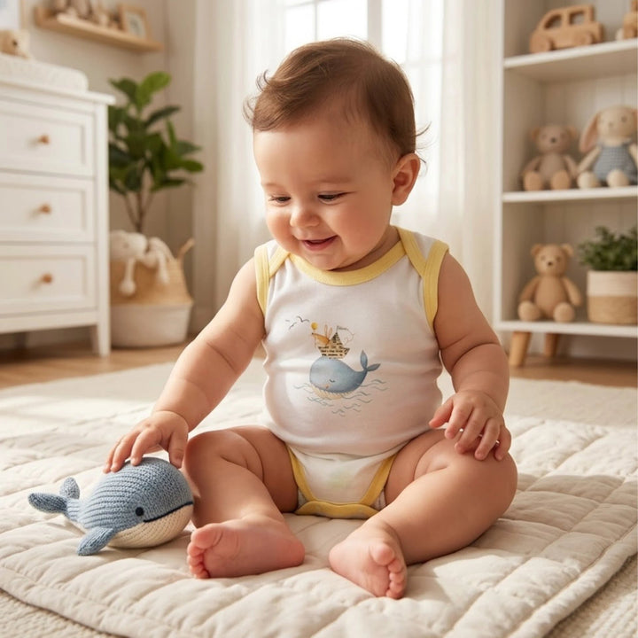 Rainy Body maiou pentru bebeluși Whale 56 - 80 cm alb/nisipiu