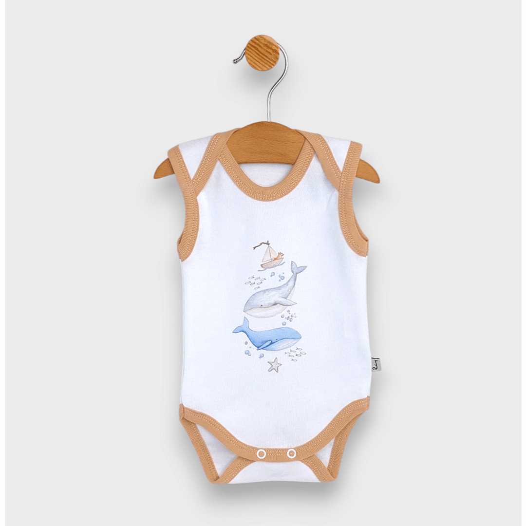 Body pentru bebeluși Rainy „Whales”, 56–80 cm, alb/moca