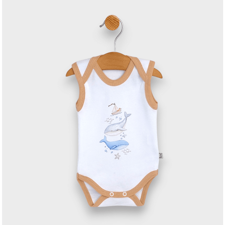 Body pentru bebeluși Rainy „Whales”, 56–80 cm, alb/moca