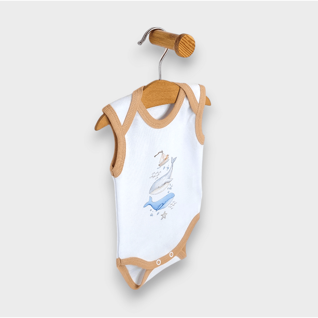 Body pentru bebeluși Rainy „Whales”, 56–80 cm, alb/moca