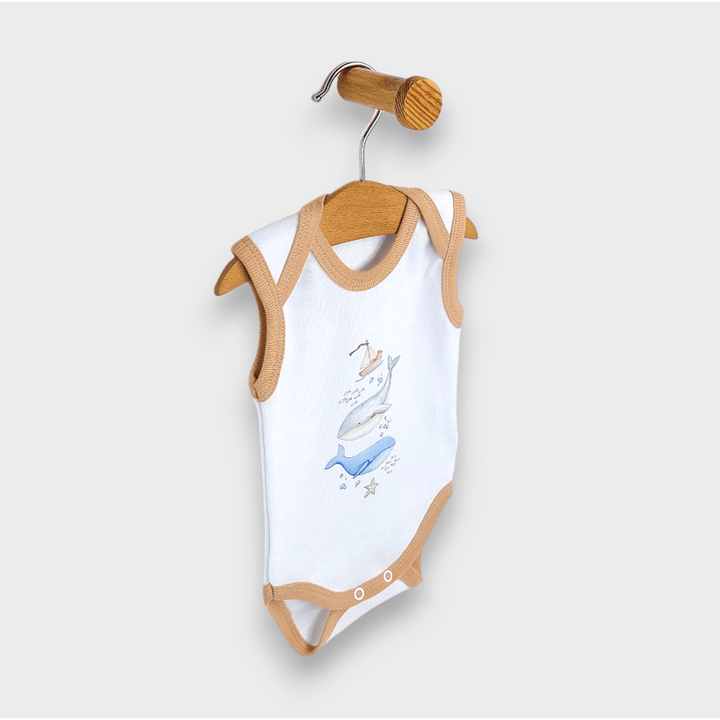 Body pentru bebeluși Rainy „Whales”, 56–80 cm, alb/moca