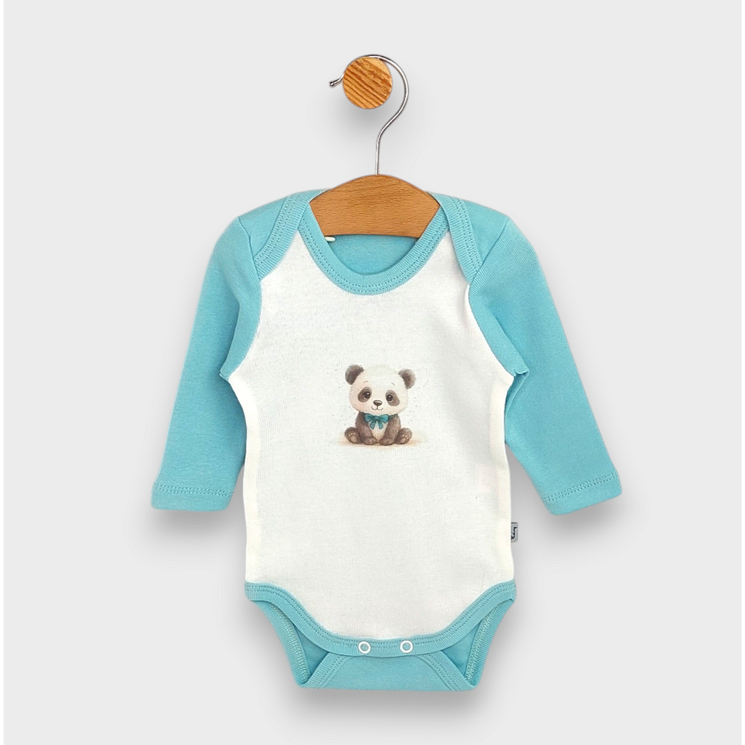 Rainy Body bebeluși cu mânecă lungă 48-80cm. Ursuleț panda cu fundiță