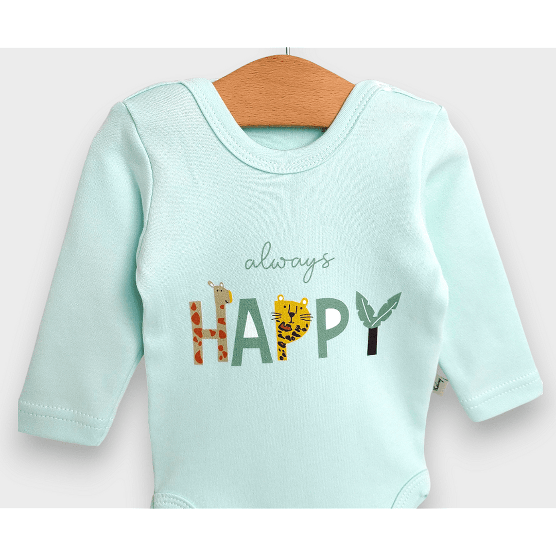 Body pentru bebeluși Rainy cu mâneci lungi „Happy”, 56–80 cm, culoare rezeda