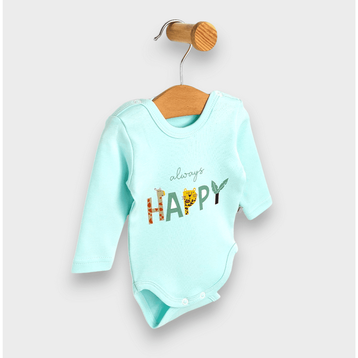 Body pentru bebeluși Rainy cu mâneci lungi „Happy”, 56–80 cm, culoare rezeda