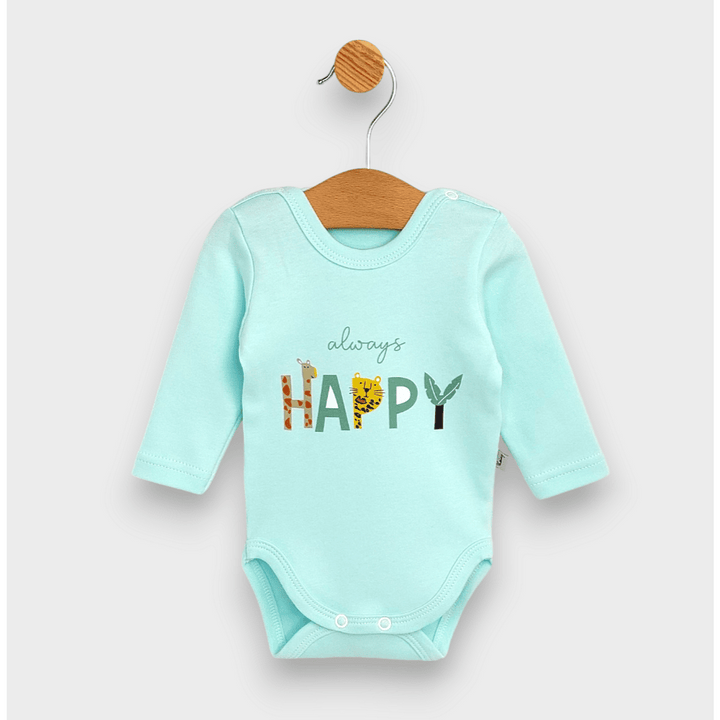Body pentru bebeluși Rainy cu mâneci lungi „Happy”, 56–80 cm, culoare rezeda