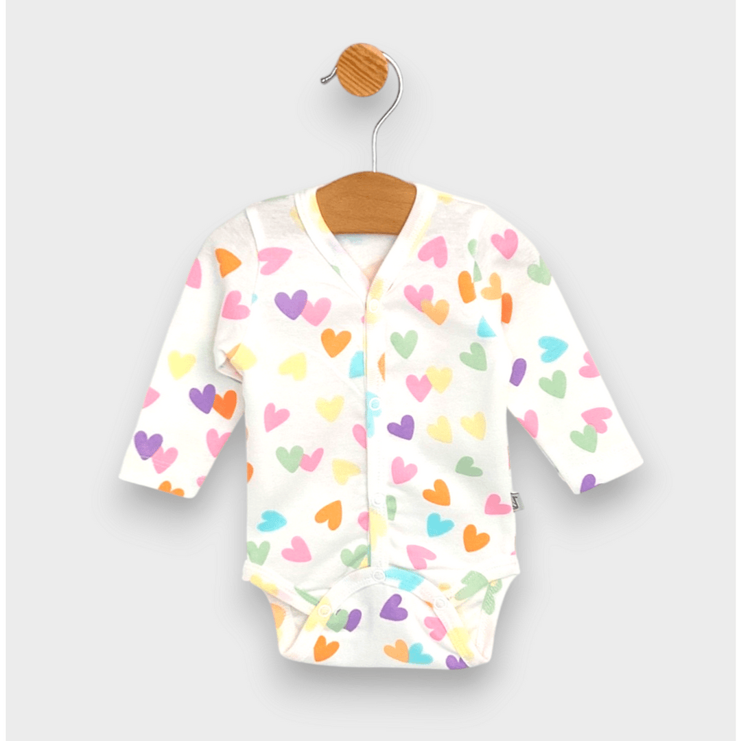 Rainy Body pentru bebeluși cu mâneci lungi și închidere frontală 48 - 62 cm. Inimioare colorate