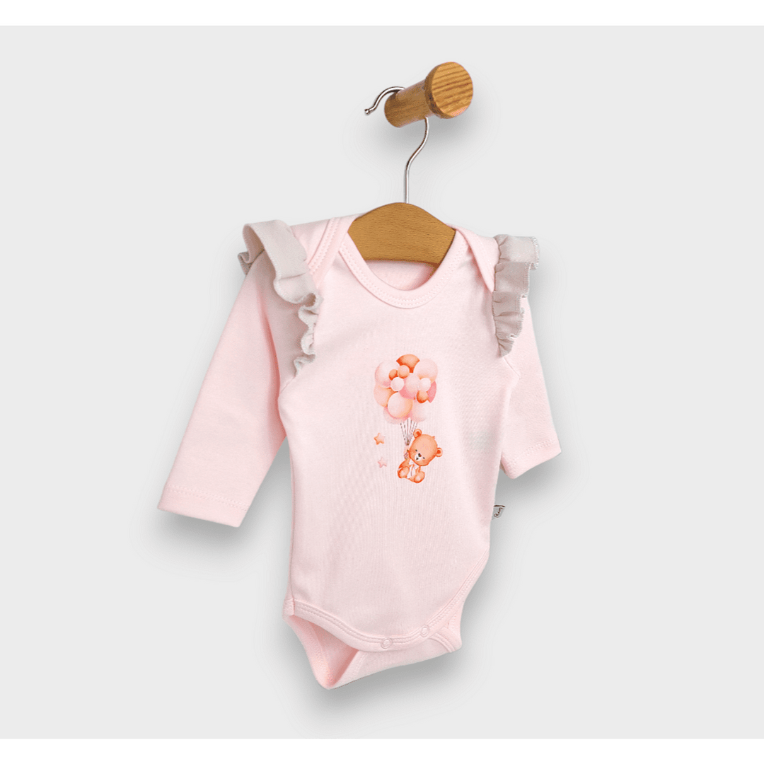 Body pentru bebeluși Rainy cu mâneci lungi, cu ursuleț și baloane, roz, 48 - 62 cm.