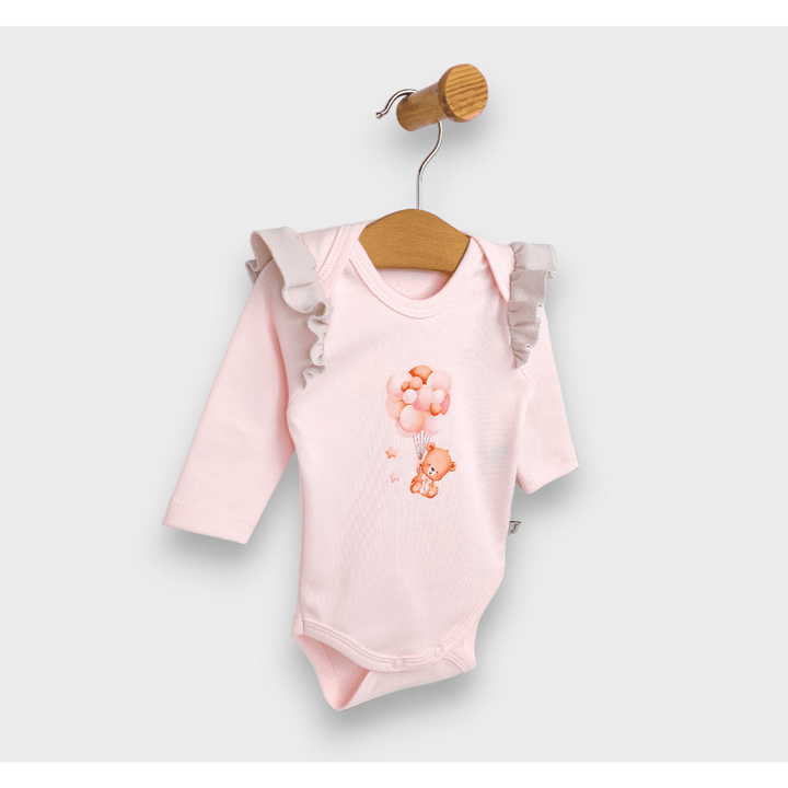 Body pentru bebeluși Rainy cu mâneci lungi, cu ursuleț și baloane, roz, 48 - 62 cm.